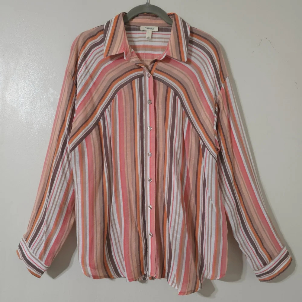 ✨️4/$20. COMO BLU Retro Striped Long Sleeve, Linen Look. Multi-Color, 70's - Picture 4 of 13